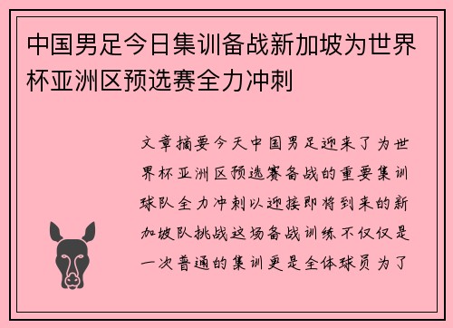 中国男足今日集训备战新加坡为世界杯亚洲区预选赛全力冲刺