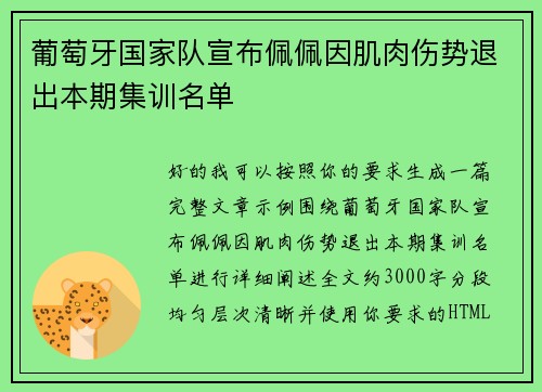 葡萄牙国家队宣布佩佩因肌肉伤势退出本期集训名单